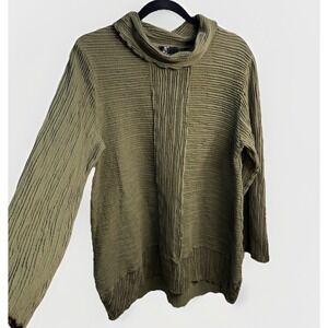 Fenini Womens Olive Green Textured Knit Tunic Top Cowl Neck Artsy Lagenlook Sz M